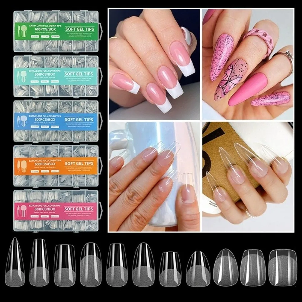 

600pcs Ultra-Thin Short Nail Tips No-Trace Short Square Coffin Almond Shape Half Cover False Tips Clear Extension Nail Tips