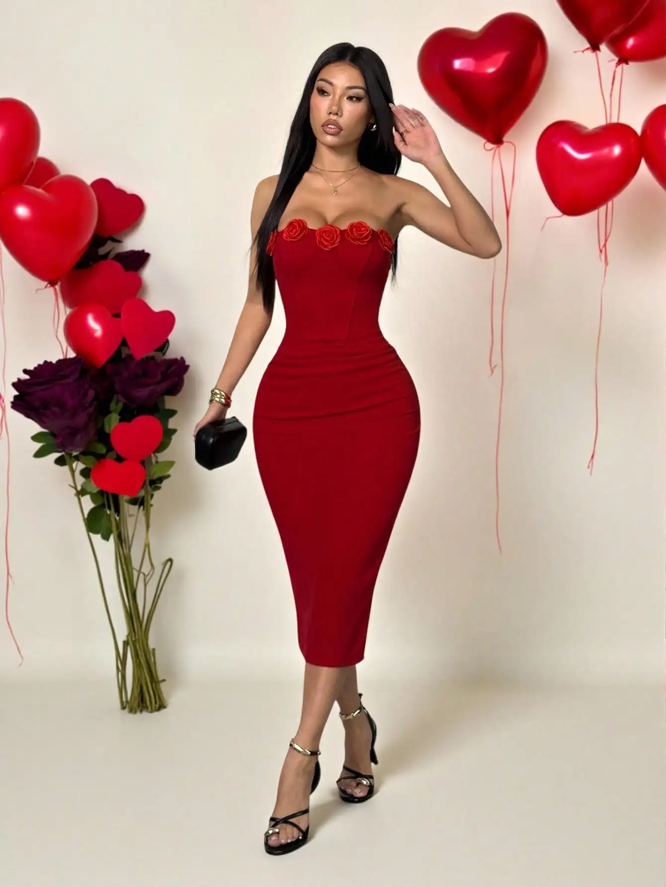 

Red Strapless Bodycon Midi Dress with 3D Floral Appliqué, High Stretch