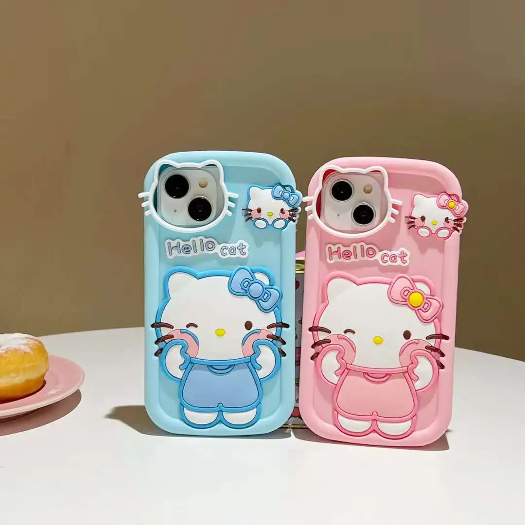 Sanio Cute Pink Hello Kitty Soft Silicone bumper Phone Case For iPhone 15 12 13 14Pro Max 11 X XR Cartoon Lens Protection Cover