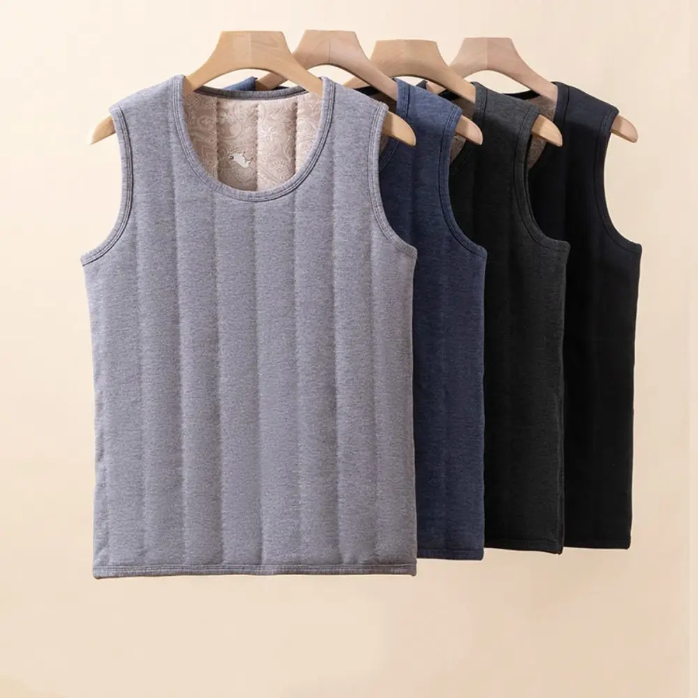 

Retro Sleeveless Men's Velvet Vest Round Neck Thicken Top Warm Base Wool Vest Plus Size Solid Color Winter Thermal Vest Male