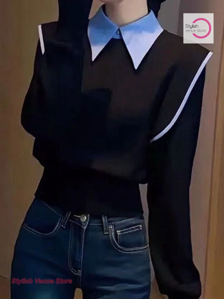 الكورية فريدة من نوعها وأنيقة وهمية قطعتين من سترة سوداء الإناث مزاجه الشتاء المشاهير الراقية سترة الخصر المألوف