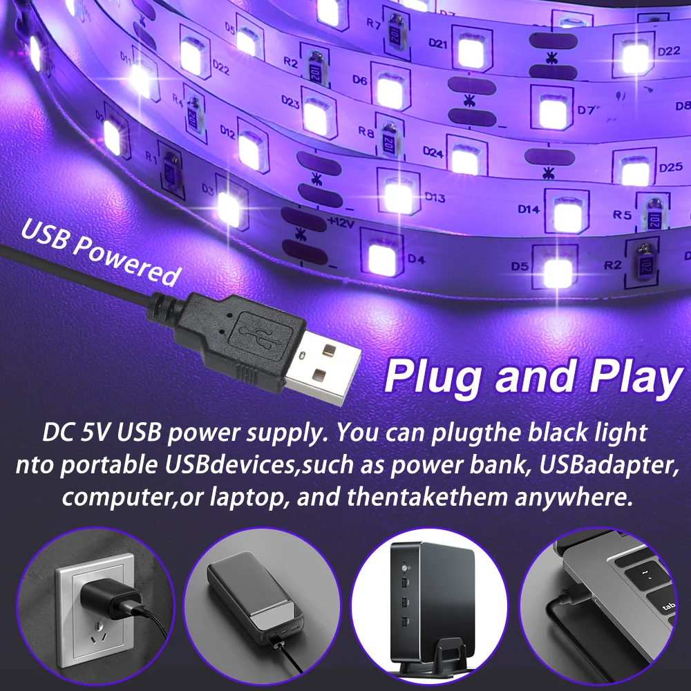 2.5 متر USB الأشعة فوق البنفسجية مصباح ليد قطاع LED الضوء الأسود 385-400nm الأشعة فوق البنفسجية ضوء الأشعة فوق البنفسجية لجميع القديسين الفلورسنت حفلة النيون غرفة الديكور