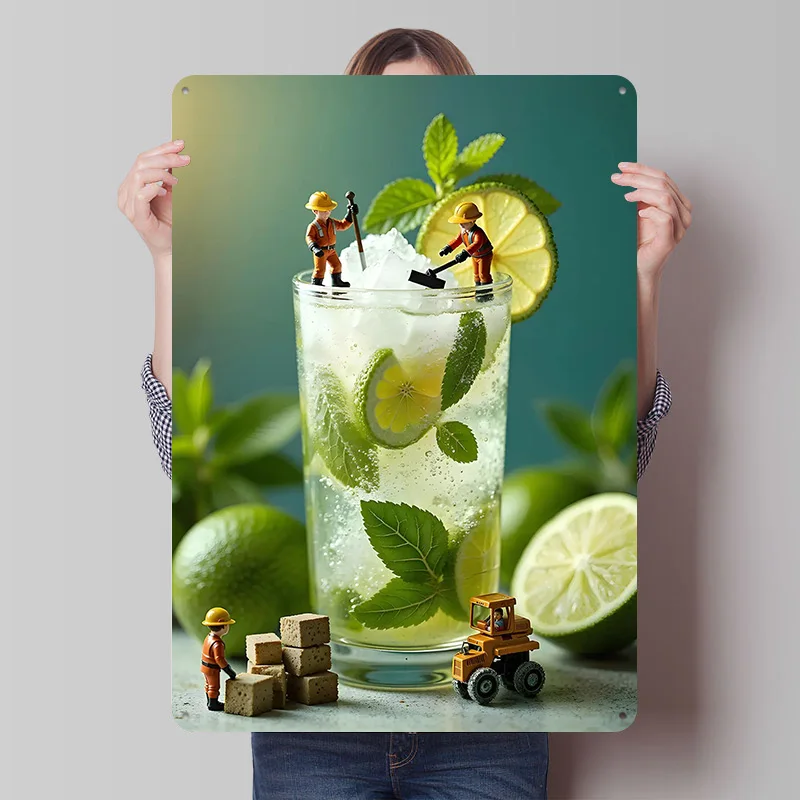 Miniature Workers Building a Mojito Tin Plaque Poster Customized Retro Wall Art Vintage Metal Signs for Room Bedroom Decoration