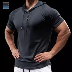 Summer GYM Sport Hooded Running Men T shirt Fitness Slim fit compression elastic Short sleeve Quick Dry Bodybuilding Tshirt