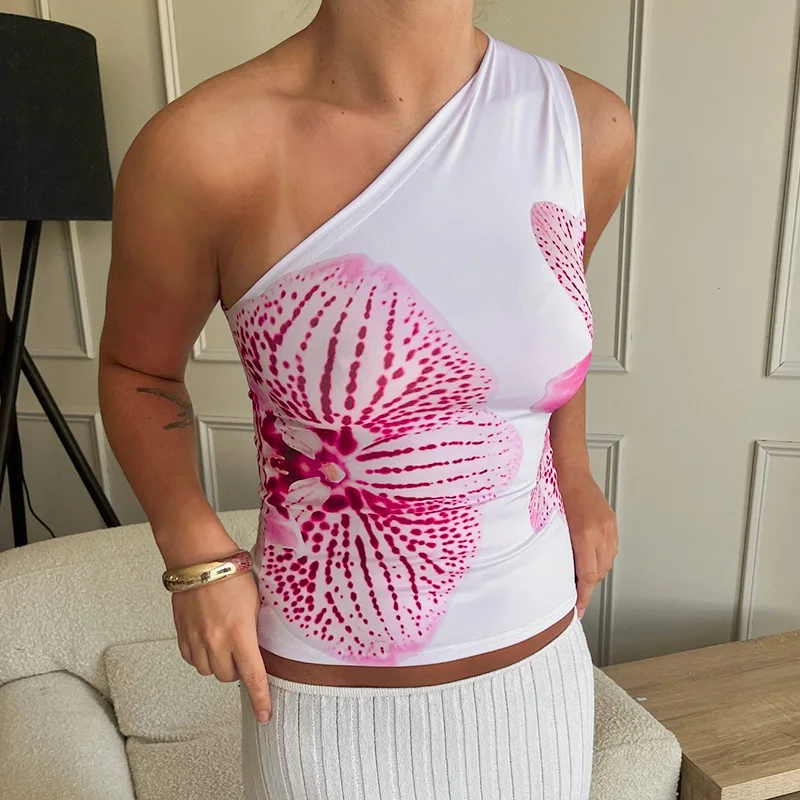 Sommer Street Fashion Print Top sexy diagonalen Hals ein Schulter Tank elastisch ärmel los personal isierte vielseitige würzige Mädchen Trend