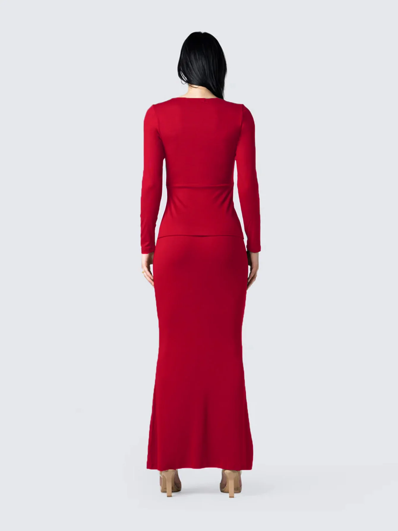 بلوزة نسائية بأكمام طويلة وربطة عنق على شكل حرف V، مجموعة تنورة ضيقة على شكل ذيل السمكة، لون نقي مكون من قطعتين، طراز Y2K مثير، عيد الميلاد، ملابس خارجية #2