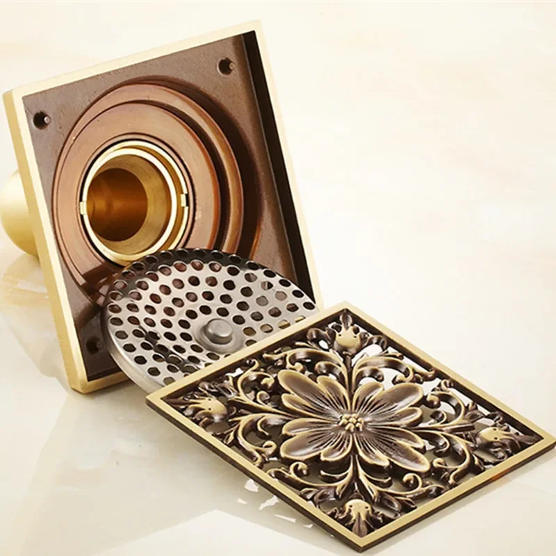 Floor Drains 10cm Antique Brass Shower Floor Drain Bathroom Deodorant Euro Square Floor Drain Strainer Cover Grate Waste