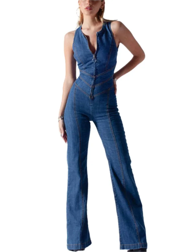 Trendy Vintage Style Sleeveless Denim Jumpsuits Women Solid Color Sexy Backless Package Hip Slim Jumpsuit Female Streetwear 2024
