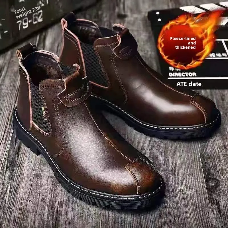

Мужские повседневные ботинки челси с круглым носком, утепленные флисом, на резиновой подошве, удобные кожаные ботинки для отдыха