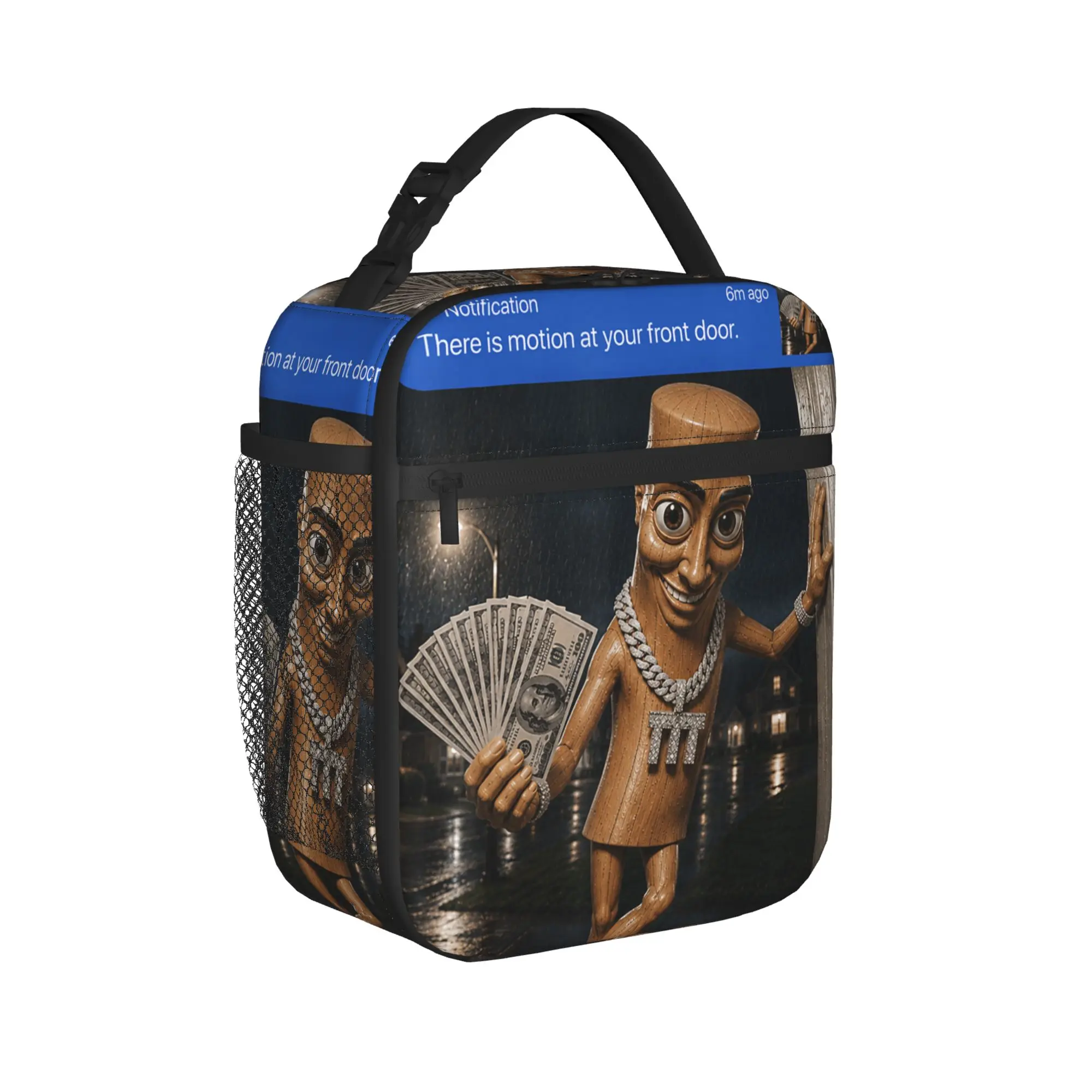 There is Motion at Your Front Tung Tung Tung Sahur Money Lunch Bag  Kawaii Lunch Box For Women Outdoor Picnic Zipper Cooler Bag