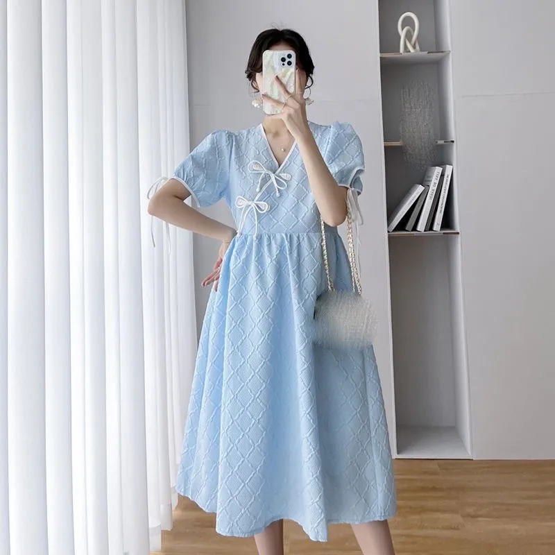 2026-新しいマタニティ夏新しいチャイナドレス妊婦のトレンディなスカートマタニティ半袖ソリッドカラードレス-lj335