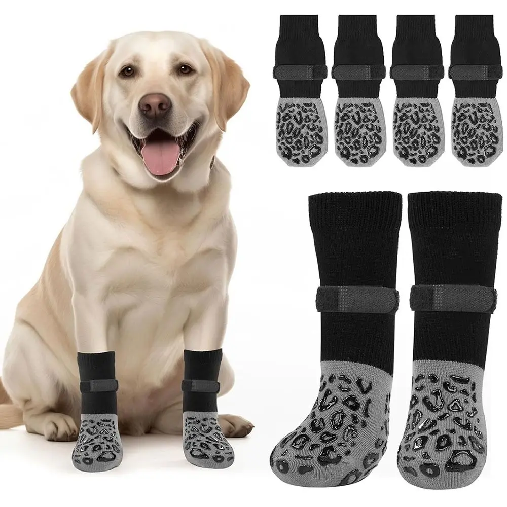 4PCS Anti-Slip Cozy Dog Socks Adjustable Band Strong Grip Knitted Socks Cotton Anti-Scratch Paw Protector Wooden Floors
