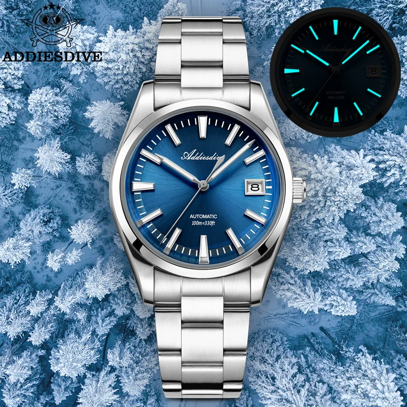 Orologio ADDIESDIVE Nuovo quadrante blu Sunburst Orologio automatico di lusso NH35 AD2077 Orologio da polso da uomo impermeabile in acciaio inossidabile da 100 m