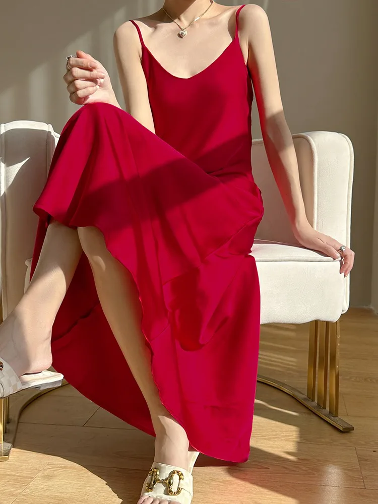 Silk V-Ne Wrap Dr Women's Inner Wear Large Size Satin Vest Bla Long Dr White Strap Dr High-End Sensation