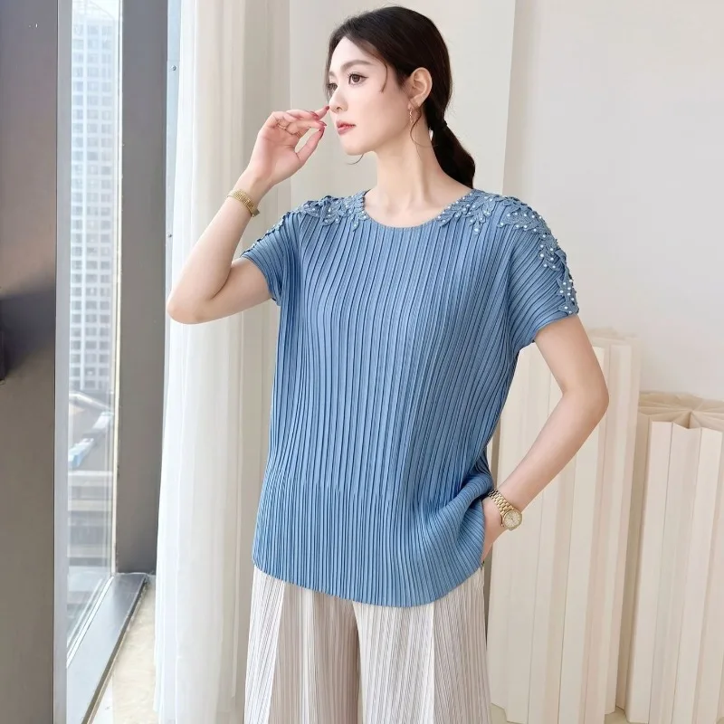 Miyake Pleated Fashion Solid Color Beaded T-Shirt 2026 Summer New Casual Lace Patchwork Short Sleeve Women's Elegant Stretch Top