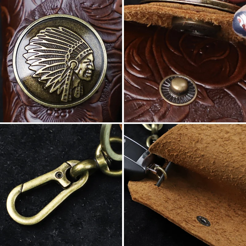 حقيبة مفاتيح ذكية للسيارة من الجلد الطبيعي بتصميم عتيق مع خطاف حامل مفاتيح مدبرة منزل من جلد البقر المحمول للرجال والنساء