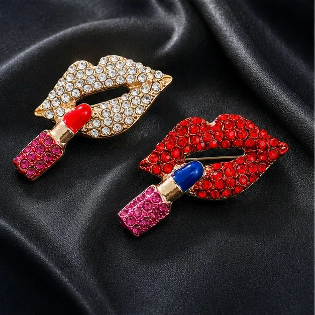 Red Rhinestone Lipstick Brooches for Women Unisex Lip Small Mouth Lapel Pins Available Fashion Jewelry Accessories Gifts