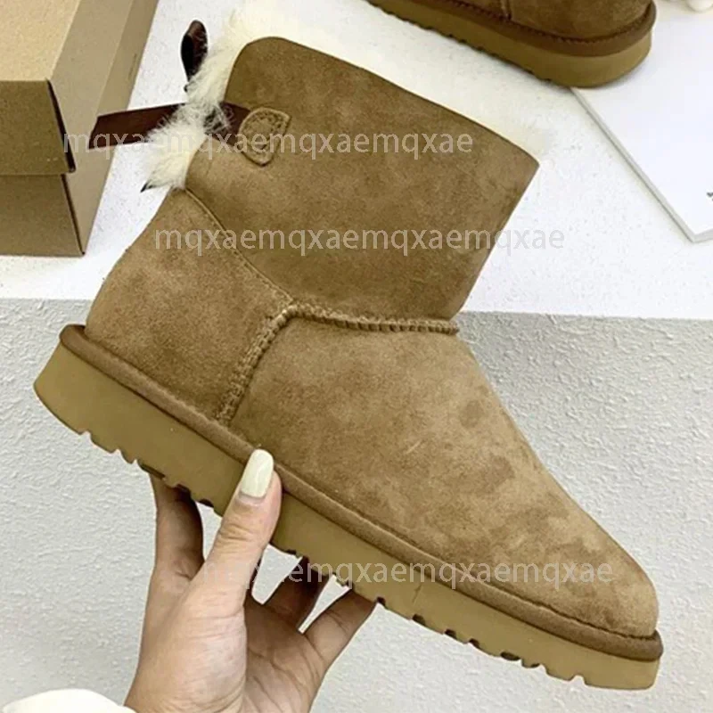 Botas de nieve media cálidas informales para mujer, botas clásicas de piel de oveja y lana integradas para exteriores, zapatos de cuero genuino