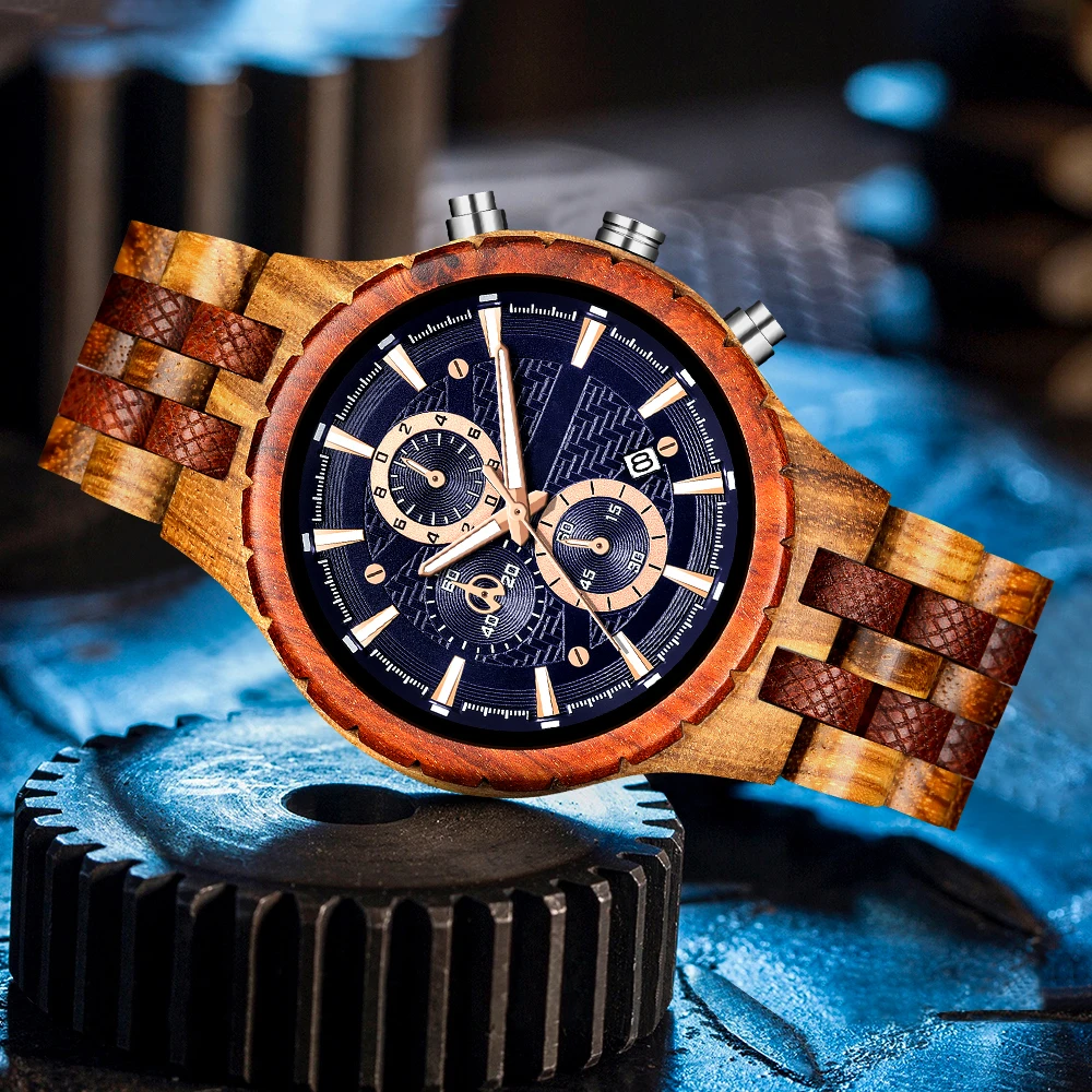 Chronograph Calendar Men's Wooden Watch Quartz Watch for Men Folding Clasp Wooden   Watches Vintage Natural Wood Men Timepiece