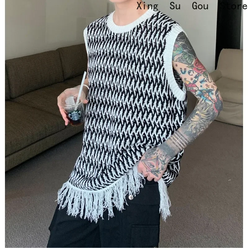 Loose Everything Casual High-grade Fashion Sleeveless Waistcoat Men Tassel Design Sense Vest T-shirt Men and Women The Same