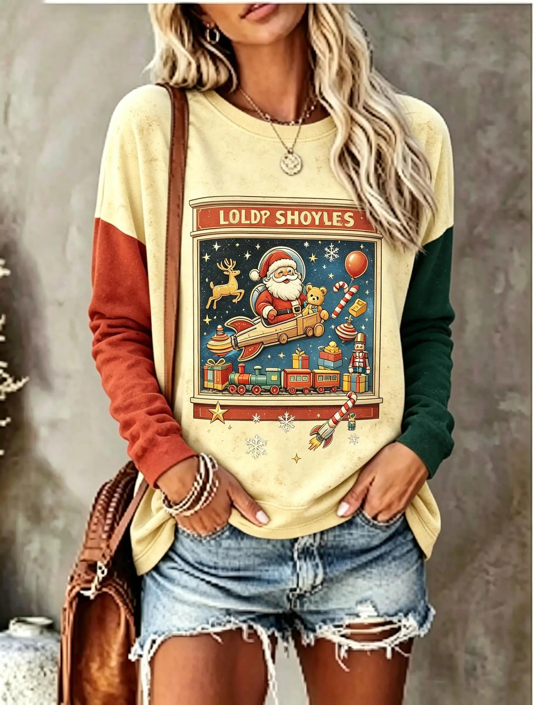 Women Long Sleeve T‑Shirt Christmas Gingerbread Man Candy Factory Conveyor Belt Color Block Print Crew Neck Casual Tops - view 3