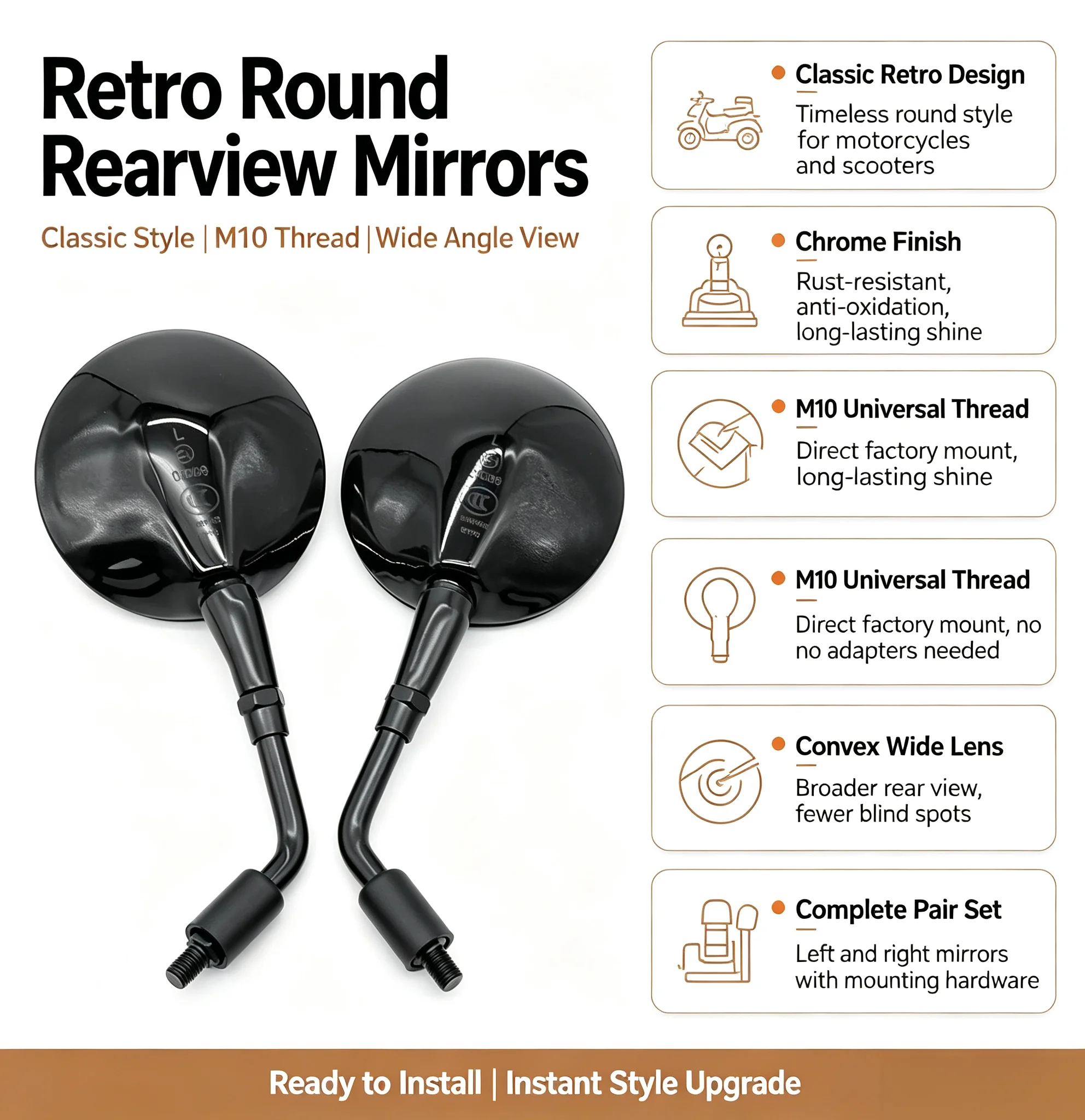 Chrome Round Motorcycle Rearview Mirror for Scooter, Retro Silver Mirror M10 Side Pair