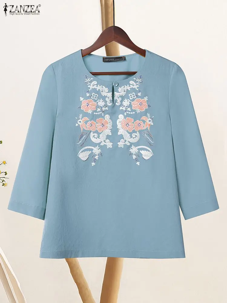 

Vintage Floral Embroidery Women Blouses Fall 2025 Casual O-Neck 3/4 Sleeve Commuting Tops Woman Clothes ZANZEA Everyday Wear 3XL