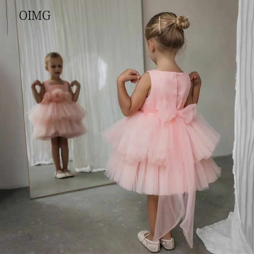 OIMG Sweet Pink Square Neck 3D Flower Girl Dress A Line Birthday Wedding Gowns Mini Party Dress שמלות לילדות בנות Customized