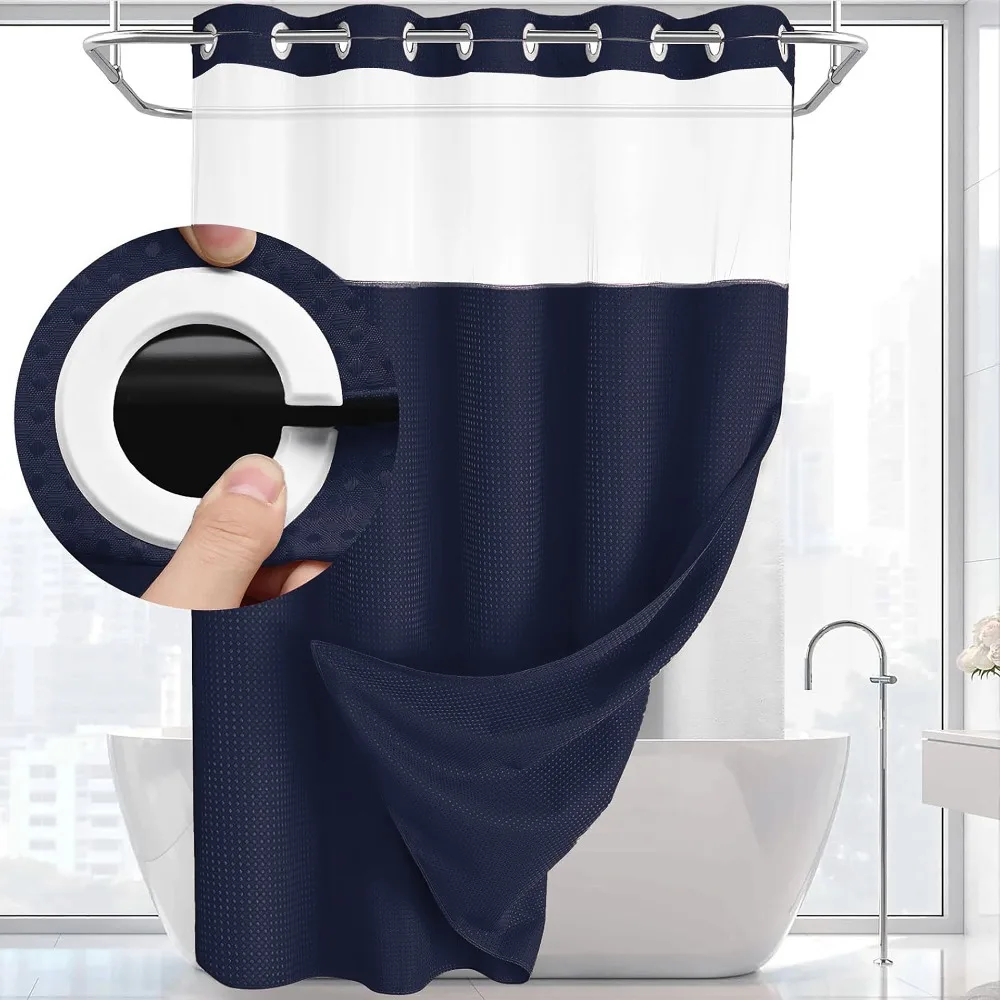 with Snap in Liner No Hook Slub Textured Shower Curtain Removable with See Through Top Window Bathroom Curtain Waterproof