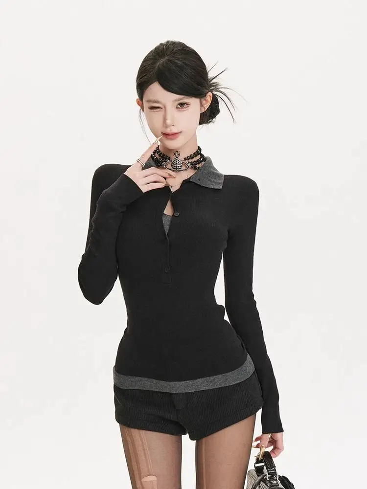 

Onalippa поддельные две контрастные лацканы, новая женская осенне-зимняя рубашка с v-образным вырезом, облегающая талия, нижняя рубашка, нишевый топ, шикарный