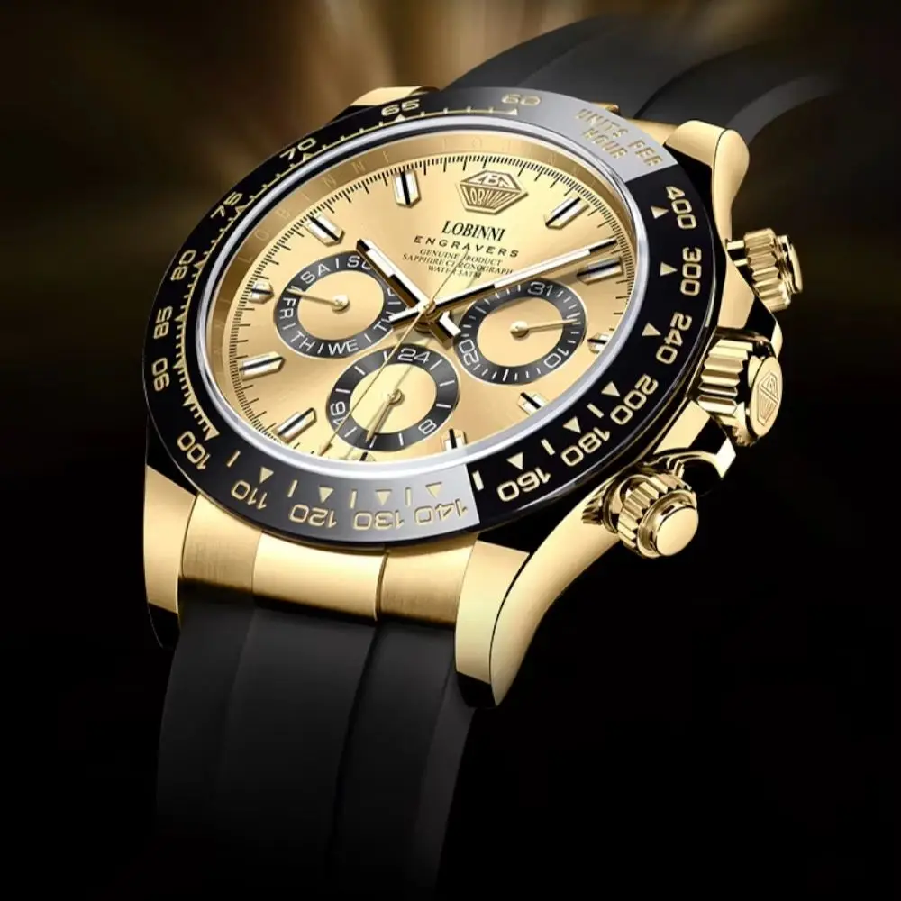 

LOBINNI мужские автоматические часы 40 мм золотые механические наручные часы с сапфировым стеклом светящийся двойной календарь недели дата JHB16 Mov
