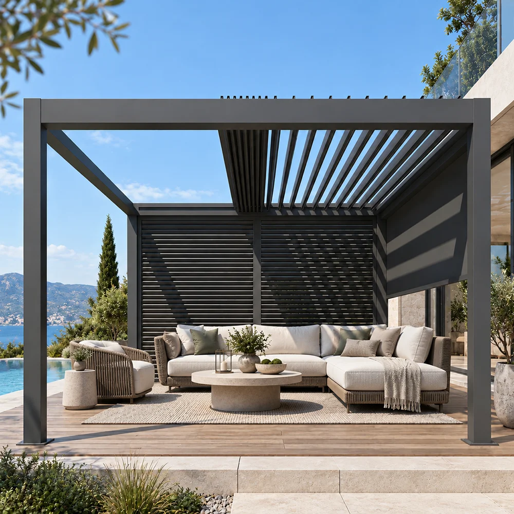 Modern Backyard Pergola Gazebo Pavilion Aluminum Outdoor Sun Shade Structure With Sliding Roof For Villa Hotel Garden
