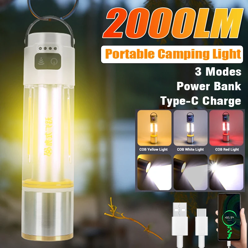 Multifunctional LED Camping Lantern Type-c Rechargeable Zoom LED Flashlight 6 Modes Portable Tent Emergency Light