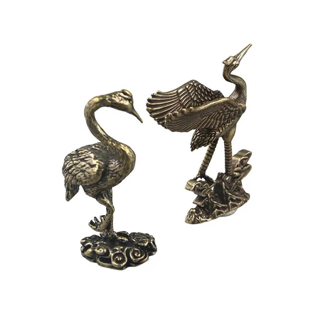 Pure Brass Crane Figurines Cultural Copperware Red-crowned Crane Sculpture Exquisit Handcrafted Brass Miniatures Tea Pet