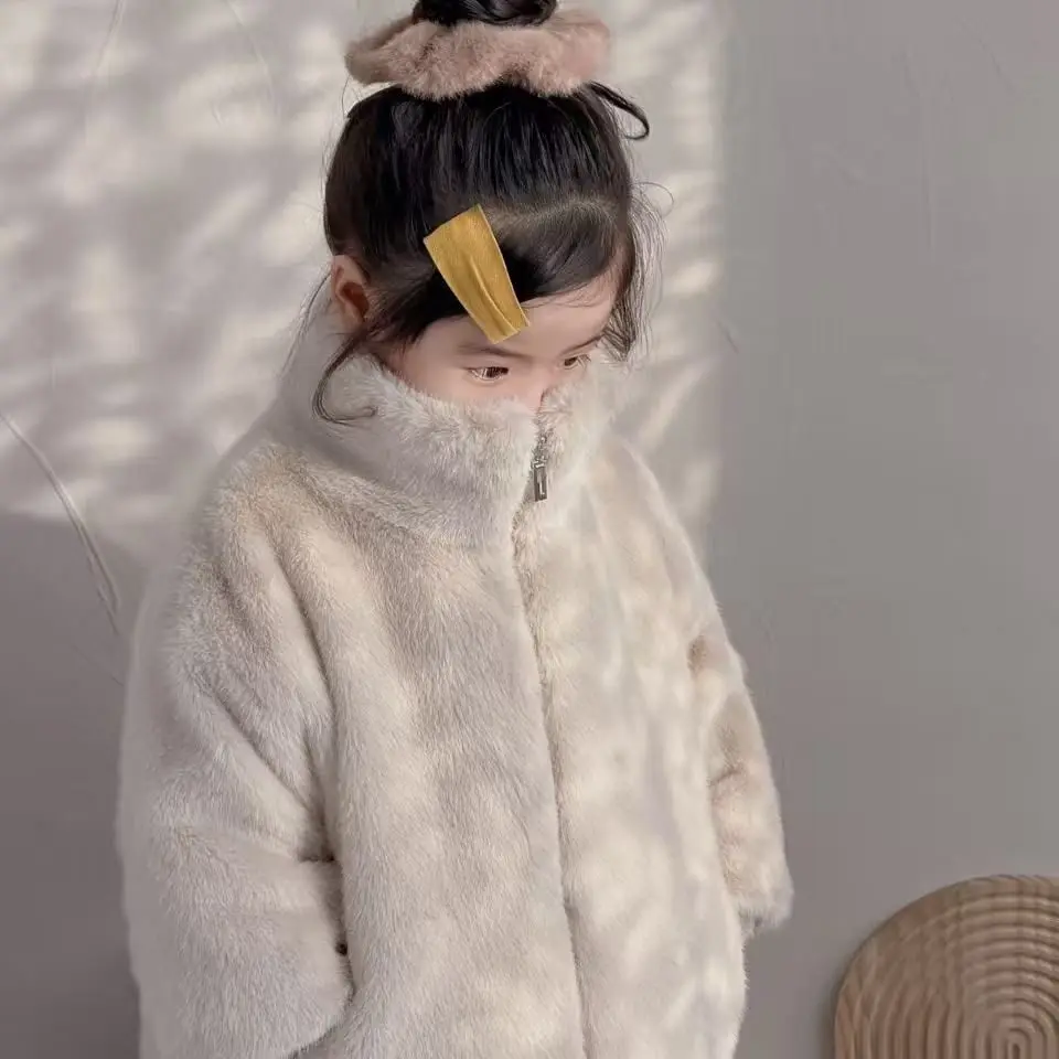 1pc Kids Faux Fur Warm Jacket Girls Babys Stand Collar Long Sleeves Coat Teenagers Fashion Soft Comfortable Thicken Thermal Tops