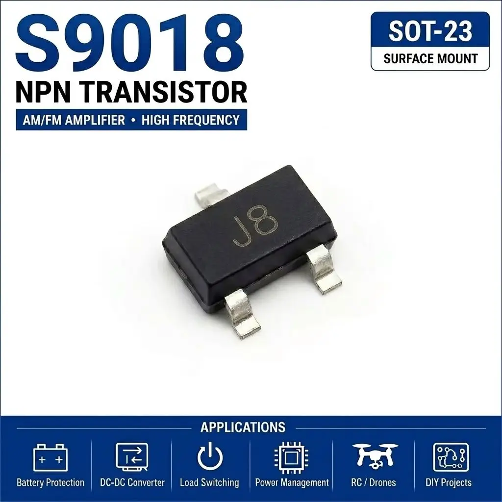 (100 pcs) S9018 (Marking J8) SOT-23 - NPN RF Transistor 30V 50mA 1.1GHz