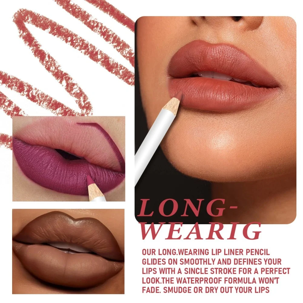 مجموعة مكونة من 12 قطعة من قلم تحديد الشفاه المخملي غير اللامع، ناعمة ومتينة ومقاومة للماء باللون البني المختلط مع مكياج شفاه سهل الاستخدام