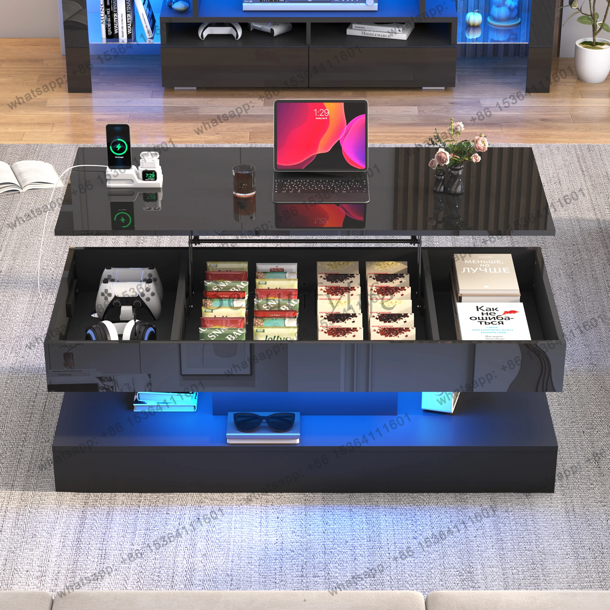 High Glossy LED Coffee Table For Living Room Center Table With Open Display Shelf & Large Storage Space White Coffee Table Home