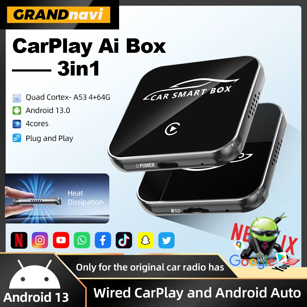 

Grandnavi Android 13 3in1 CarPlay Ai Box Wireless Android Auto USB Adapter For Youtube Netflix Tiktok Universal AI Box Plug Play