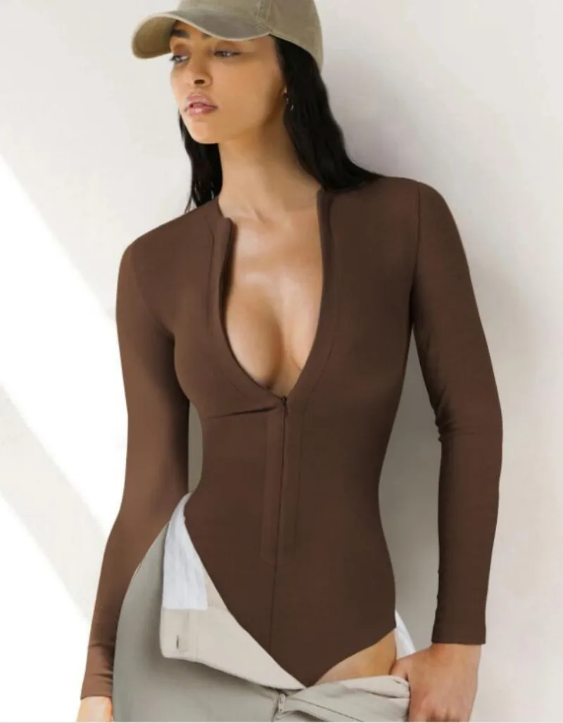 Selling European American Autumn Winter Women's Bodysuits Sexy Tight Fitting Long Sleeved Jumpsuit Shorts Versatile Zippered Top