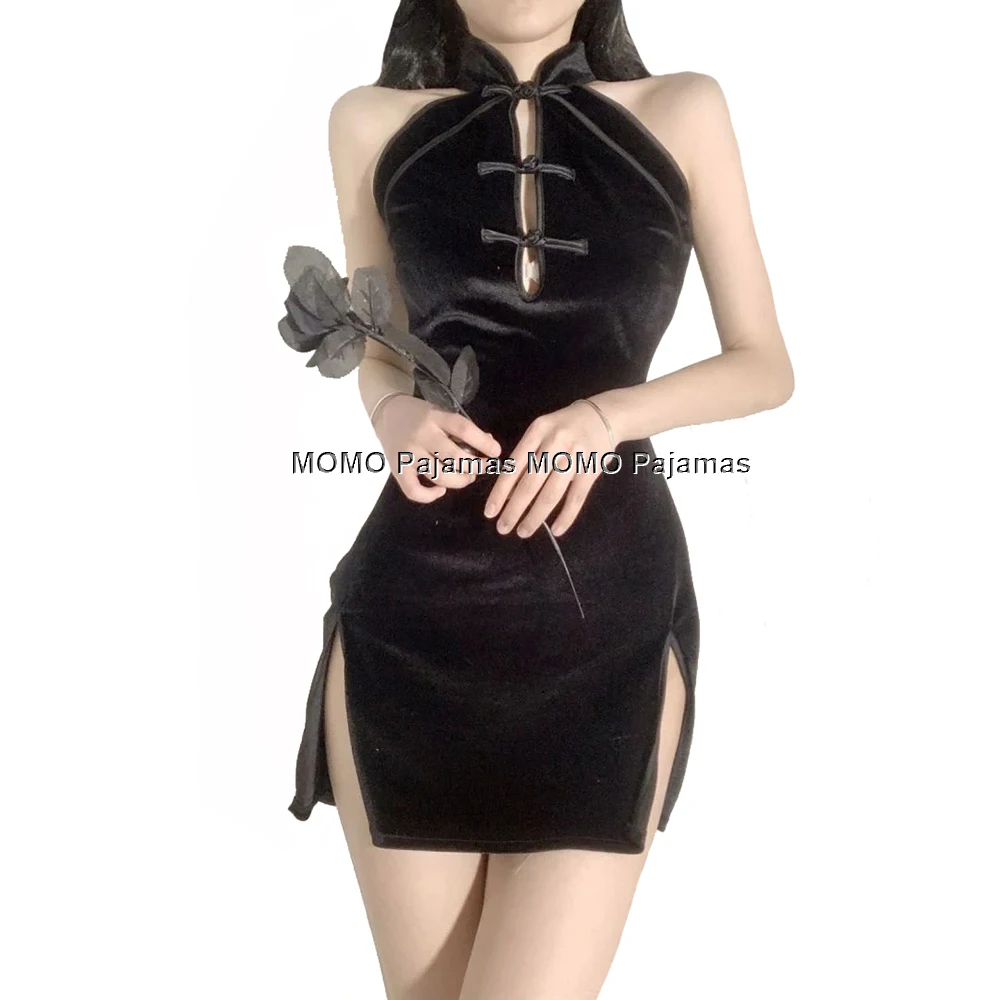 Chinese Traditional Cheongsam Velvet Sleeveless Vintage Women Mini Bodycon Dress High Slit Qipao Dress Sexy Lingerie Night Dress