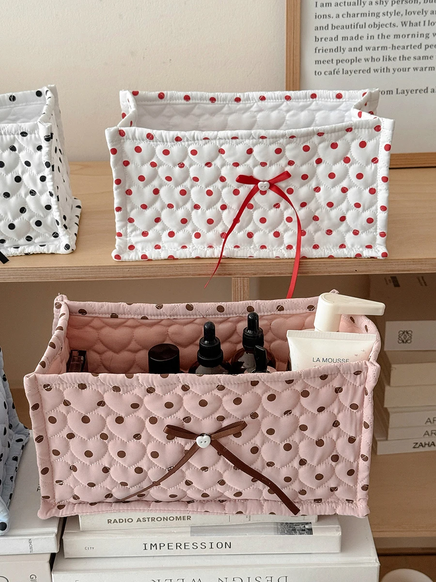 Aufbewahrungskorb mit Polka-Dots-Muster, gesteppte rechteckige Aufbewahrungsbox mit herzförmigen Polka-Dots, gesteppter Stil für den Schreibtisch – Detail 3