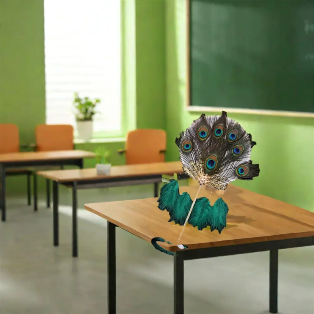 Long Handled Peacock Feather Fan Handheld Ancient Style Circular Fan Exquisite Elegant Chinese Round Fan Cheongsam Accessories - Image 2