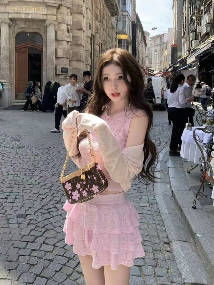 Women's Knitted Hollow out Slim Fit Vest And Skirt Set Summer Vacation Style Caplet Design Short Length Breathable Material image 5