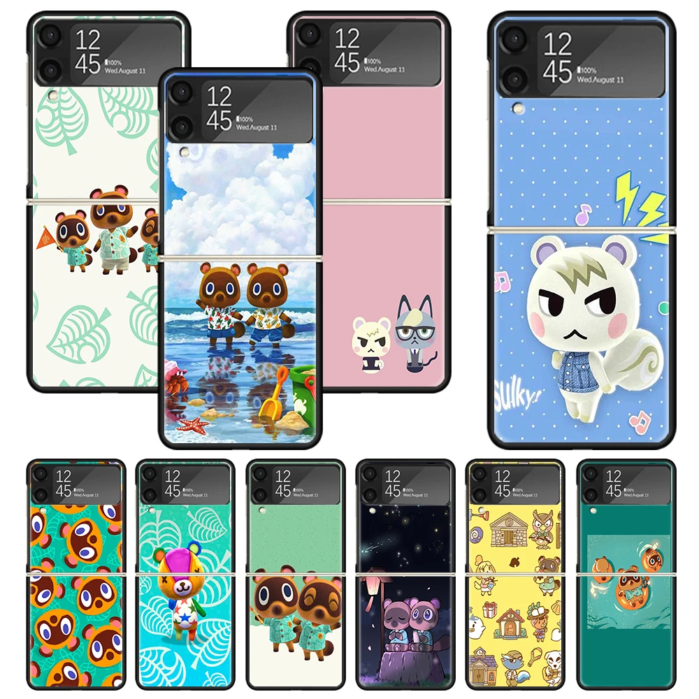 Animal C-Crossing New Horizons Print Case For Samsung Galaxy Z Flip 3 4 5 5G Black Hard Cell Phone Shell ZFlip3 Flip4 Flip5 Patt