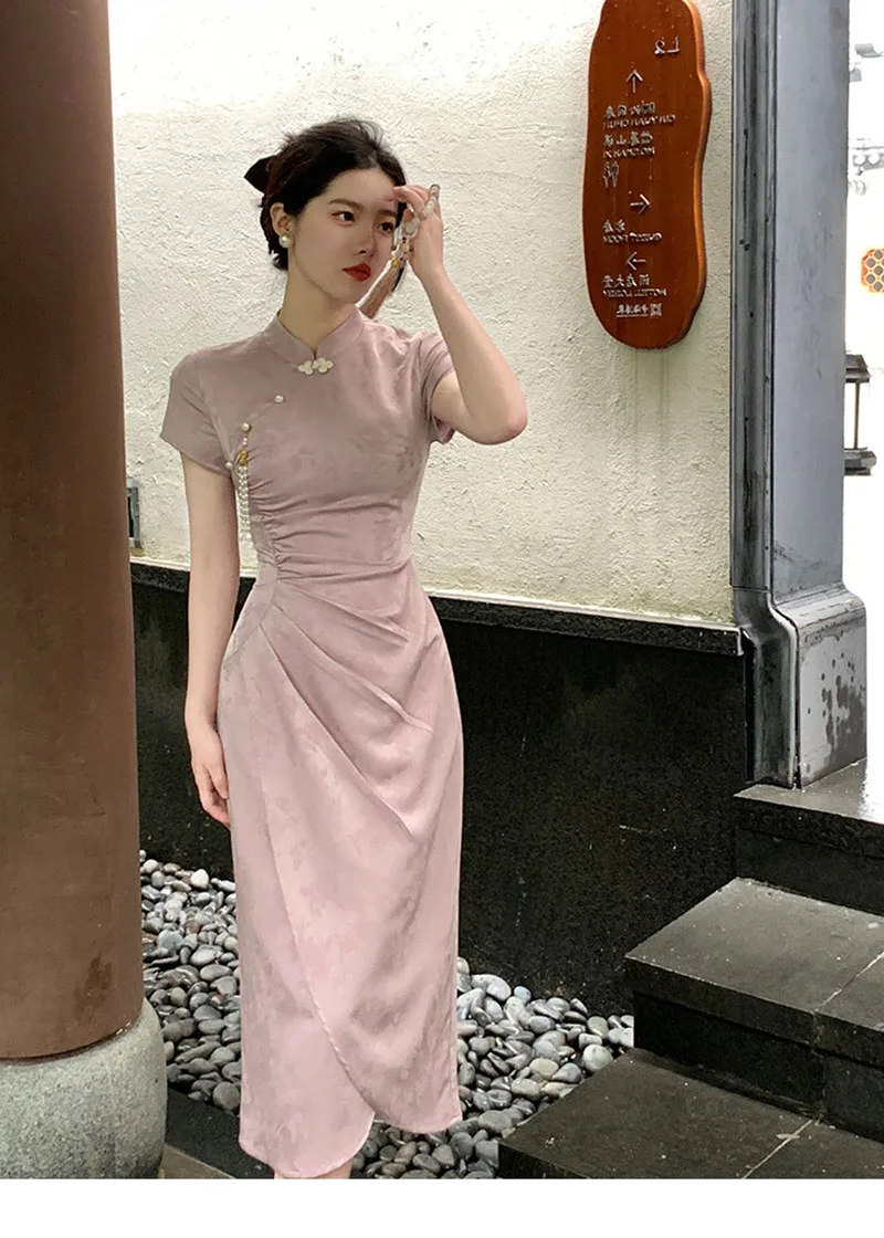 2024 verão roxo novo estilo chinês cheongsam jacquard manga curta vestido longo trajes de casamento vestido formal s a xxl