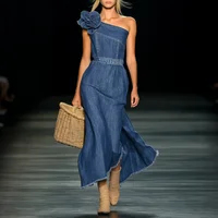 Elegante vestido largo floral 3D de mezclilla sin tirantes para mujer, vestido largo de fiesta de boda en la playa con lado dividido