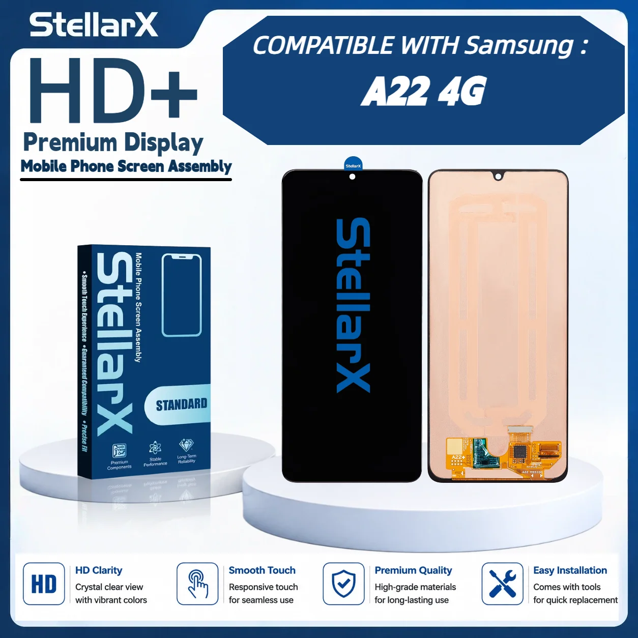 StellarX HD+ High Resolution Display Screen Replacement for Samsung A22 4G LCD Assembly Without Frame with free tools