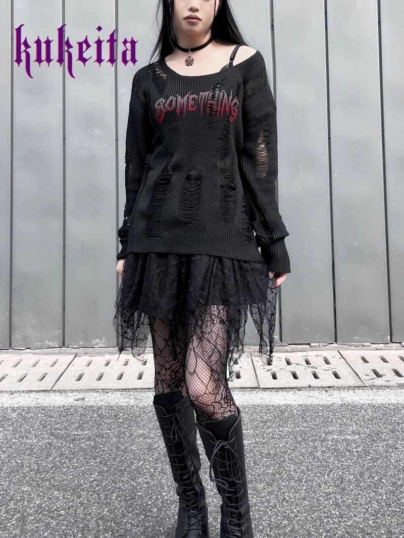 Gothic Sweater Women Knitted Grunge Hole Pullovers Hollow Out Loose Jumper Alternative Clothing Punk Emo Long Sleeve Y2K Tops