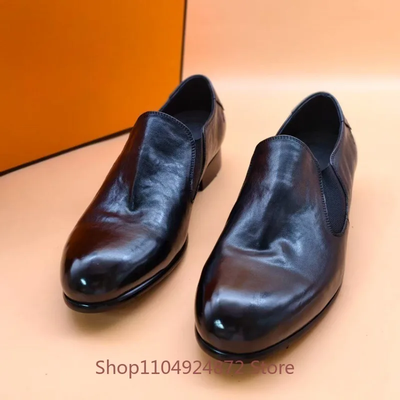 Handmade Fashion Dress Loafers Men's Leather Shoes Casual British retro genuine leather business Work Wedding Shoes Male Black